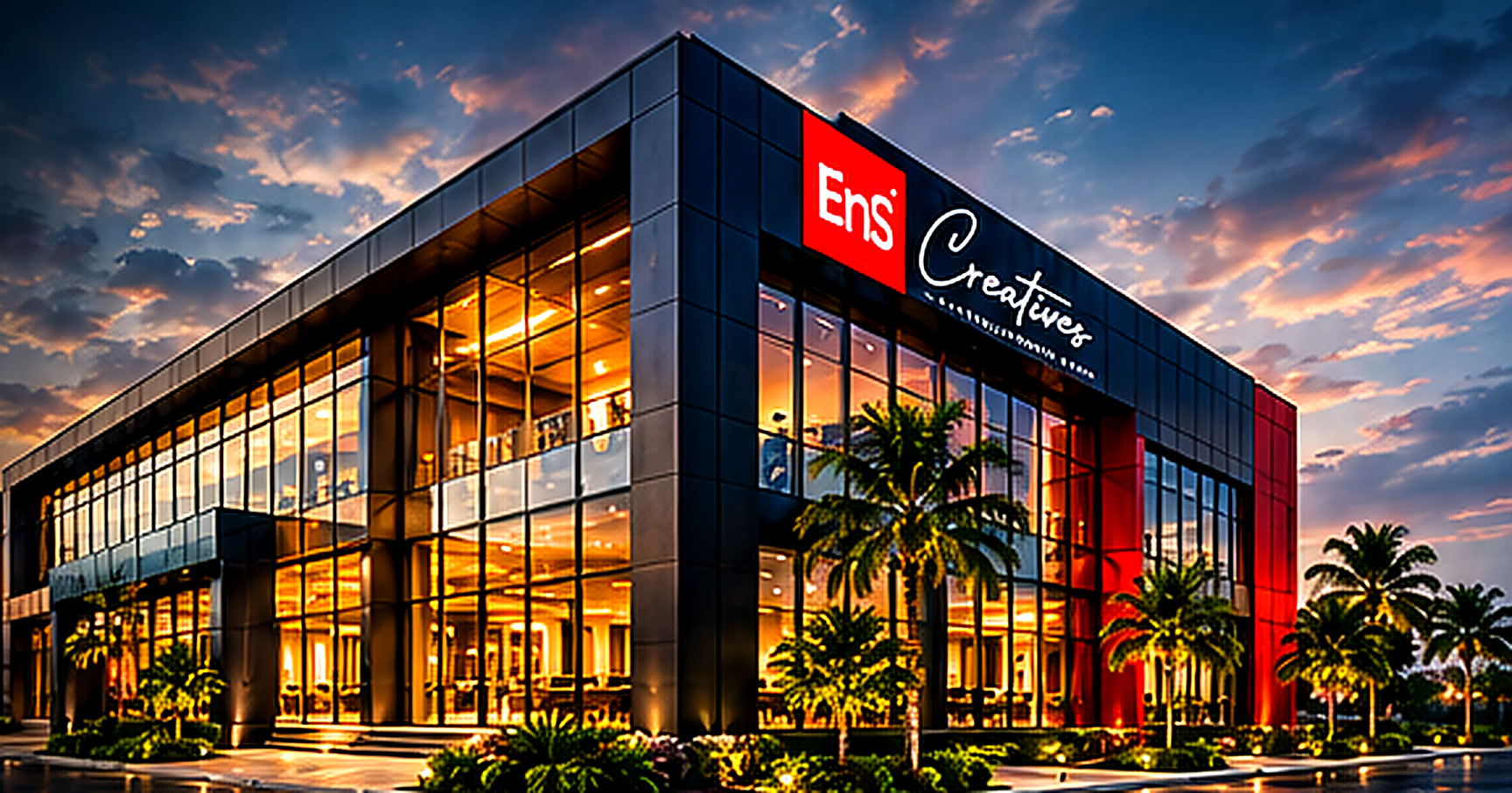 ENS Creatives commercial building in Accra at dusk
